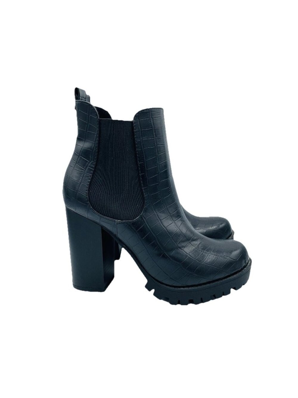 She&in Shoes Womens Size 7 Black Boots High Heeled Booties Croc Print Slip On